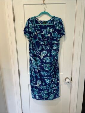 Ralph Lauren Plus Size 22W Blue Floral Paisley Wrap Dress Stretchy Wedding